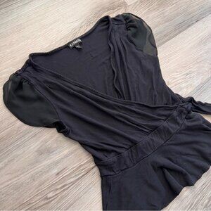 Express Women’s Black Wrap Top with Sheer Puff Short Sleeves